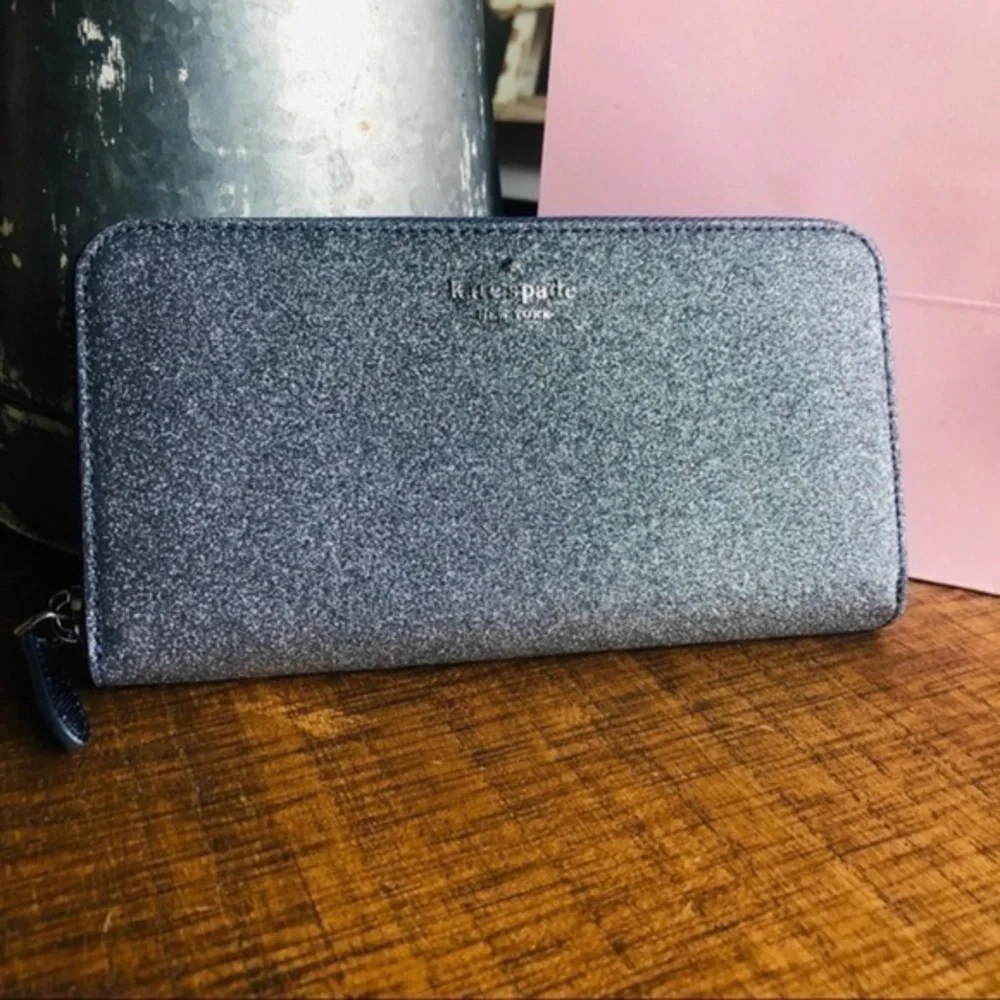 Kate Spade New York Continental Glitter Double Zip Wallet Saffiano PVC NWT